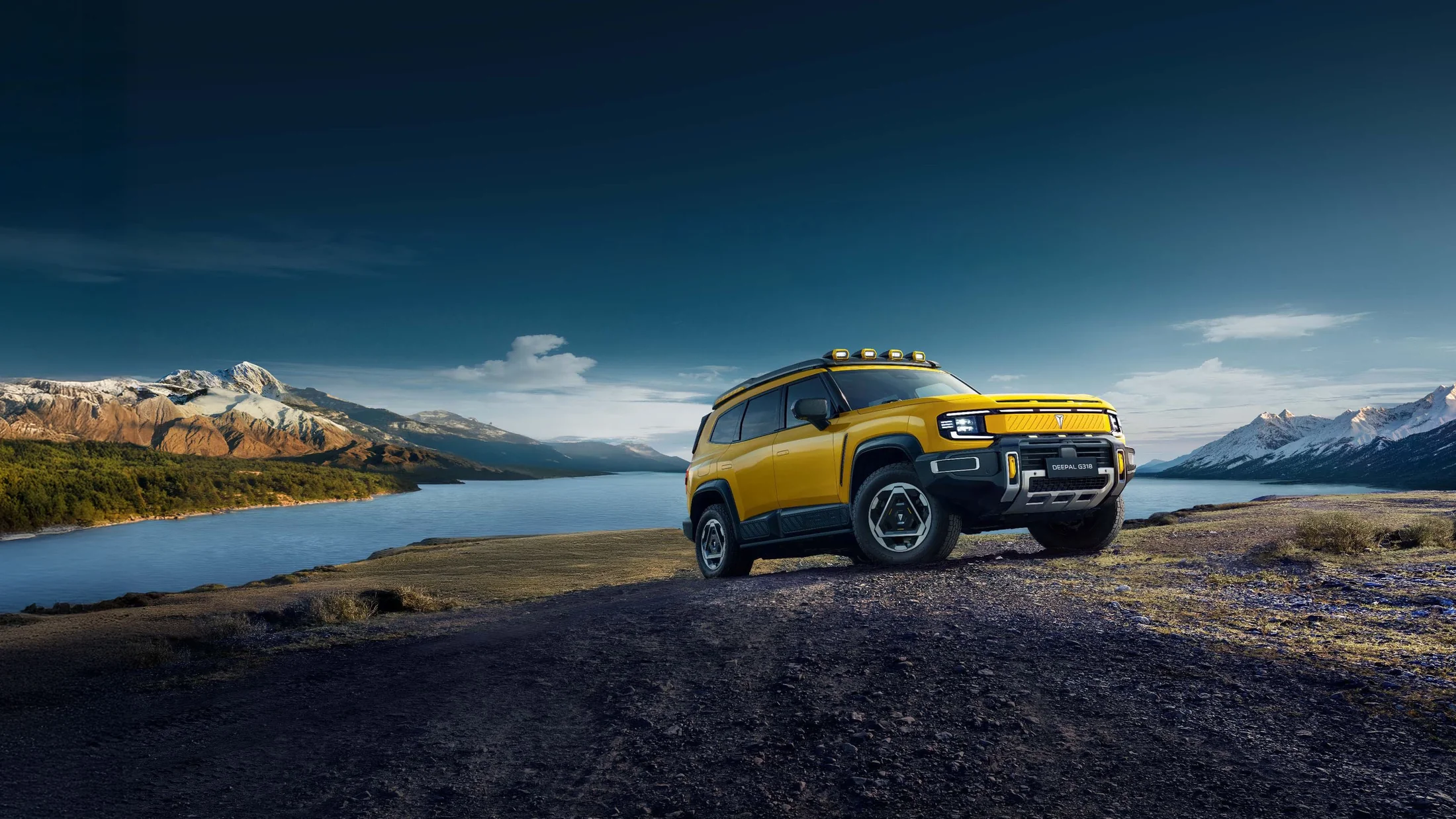 Yellow Deepal G318 SUV beside a mountain lake